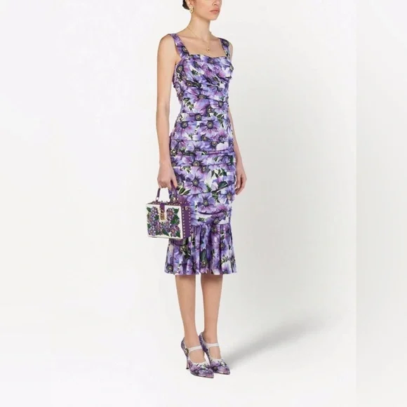 DOLCE & GABBANA PURPLE FLORAL PRINT SILK PENCIL DRESS- SIZE 42 (US 6) - Picture 1 of 14